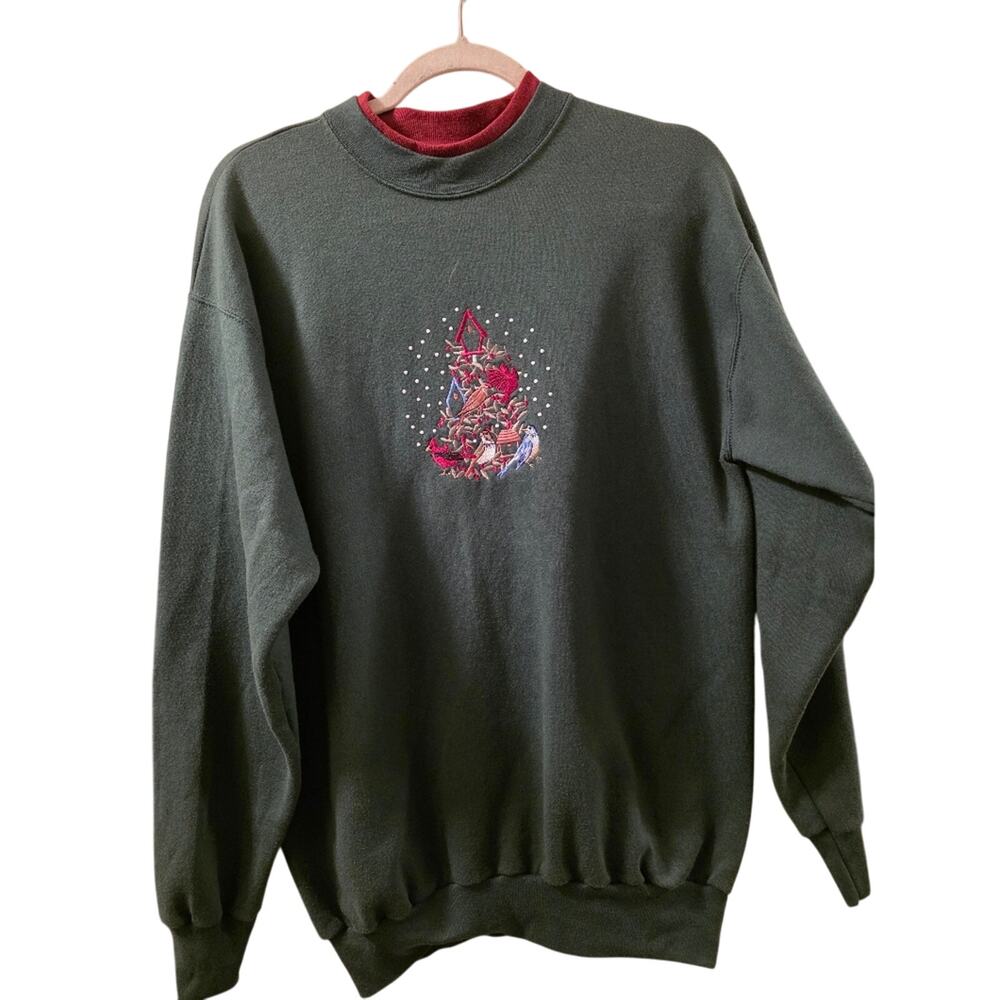 Vtg 90s Womens Double Crewneck Bird Christmas Sweater Size M Cardinal Blue Bird